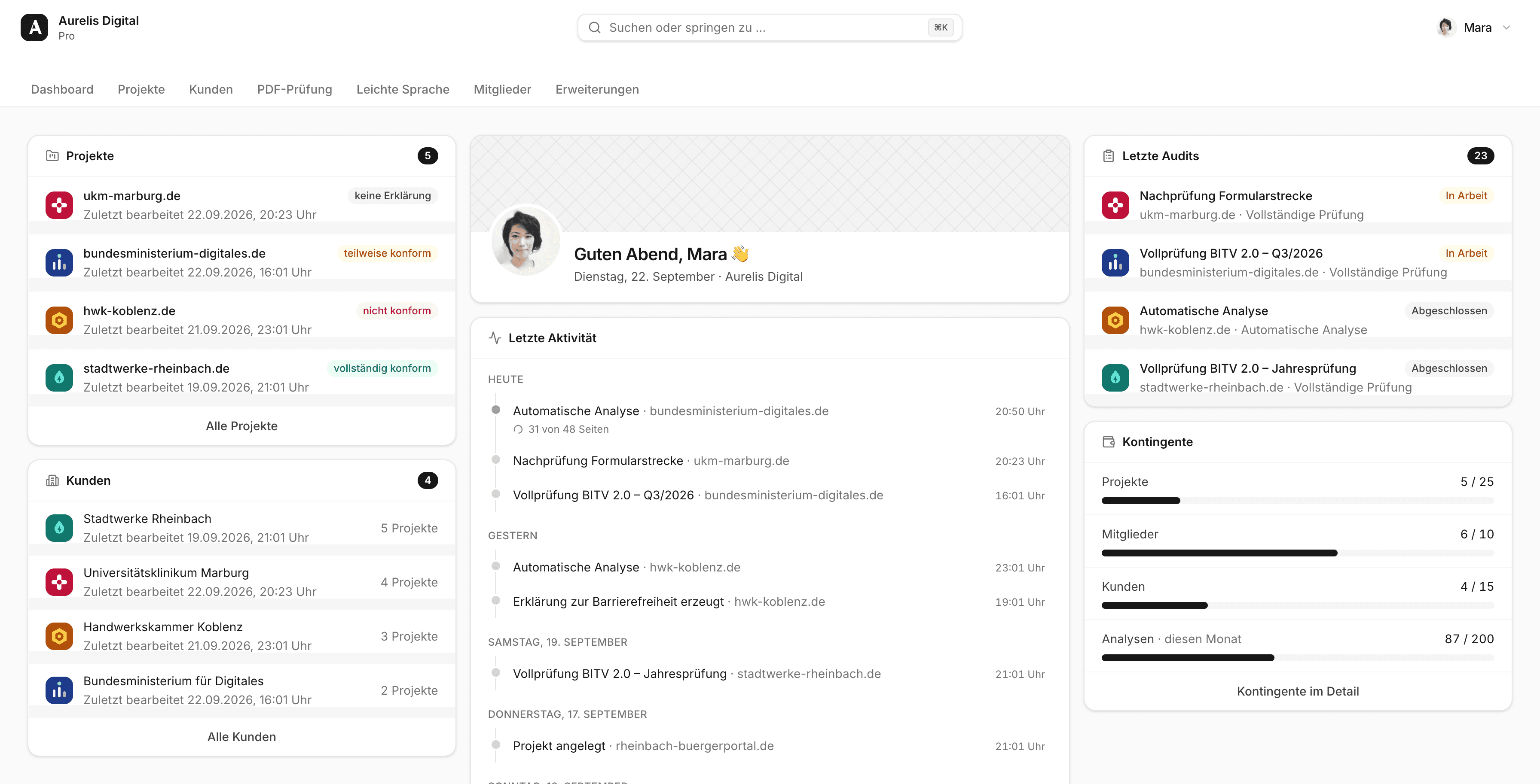 Screenshot des RunAccessible-Dashboards mit Übersicht der Projekte und ihres Konformitätsstatus, der Kunden, der letzten Aktivitäten und Audits sowie der verbrauchten Kontingente